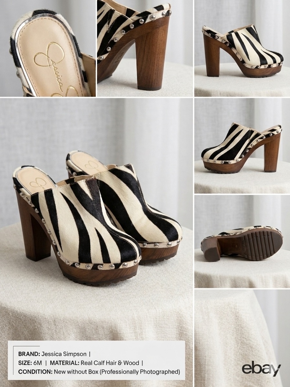 Jessica Simpson Black & White Zebra Calf Hair Wooden Clogs